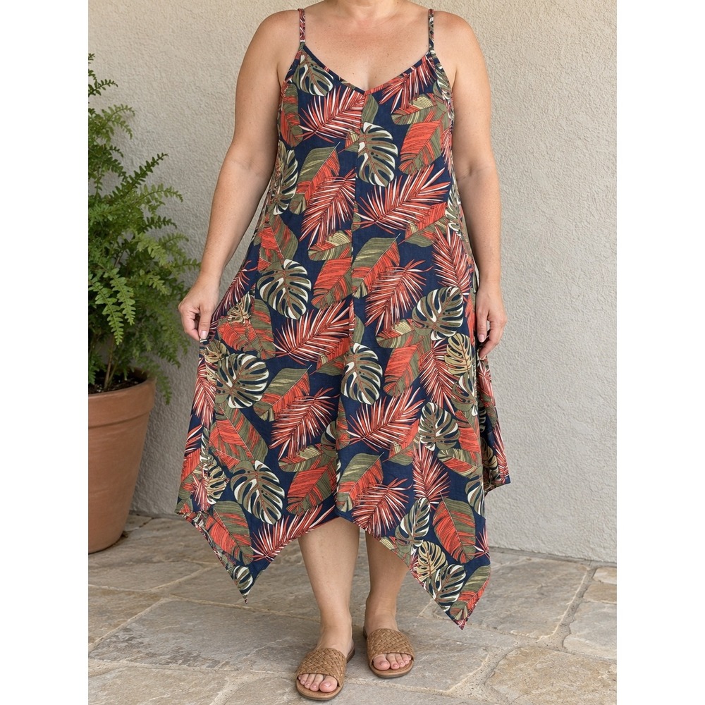 Time and Tru Women XL Linen Blend Tropical Palm Leaf Handkerchief Hem Midi Dress